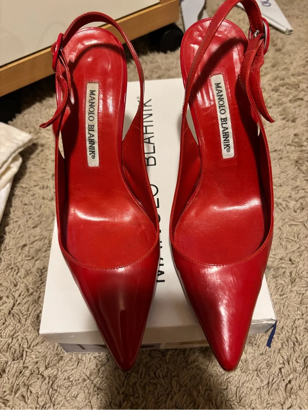 Manolo Blahnik Red Pointed Slingback Pumps with Ankle Strap